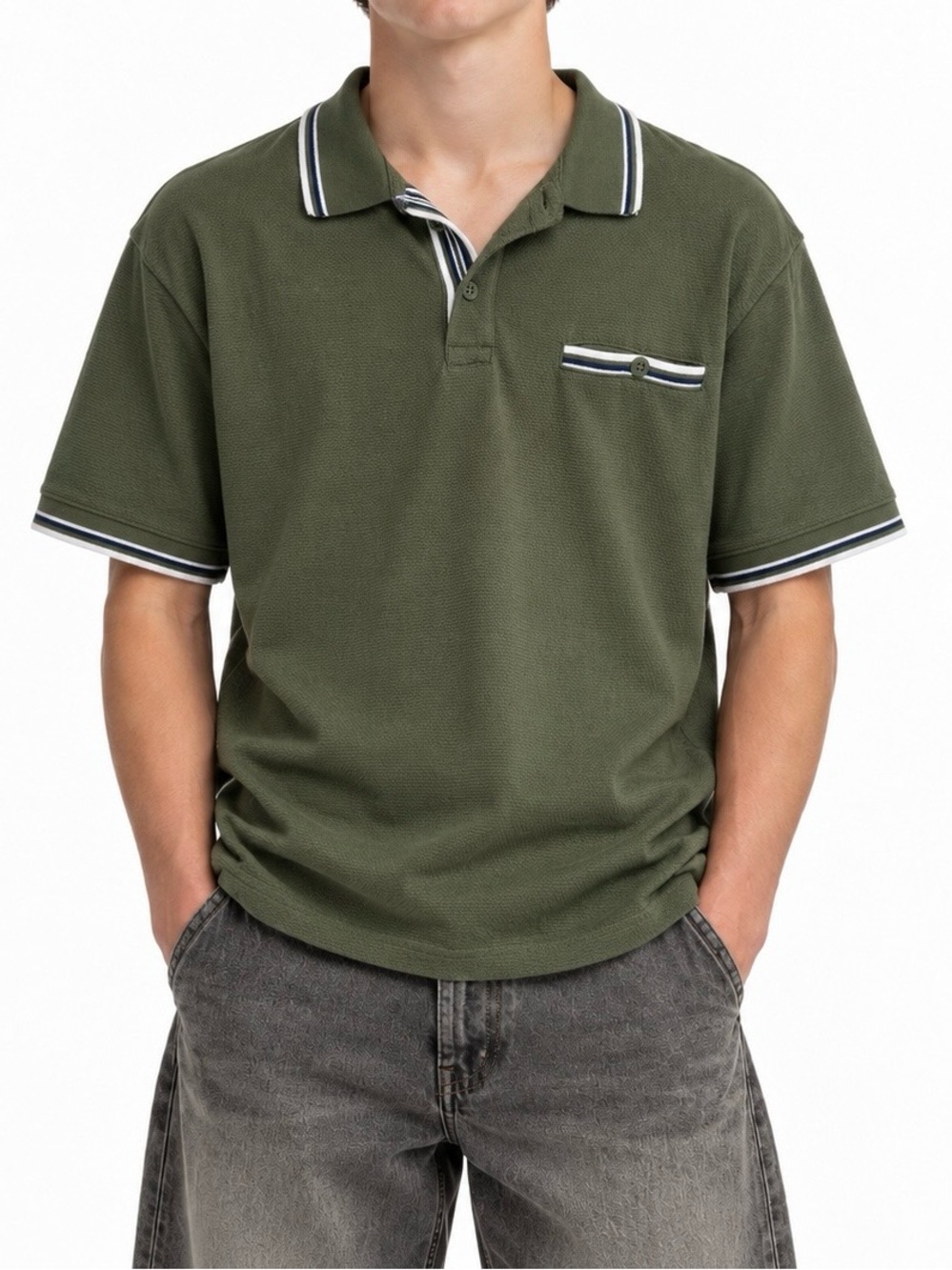 Goodfellow & Co. olive green / army green knit polo shirt with striped collar XL